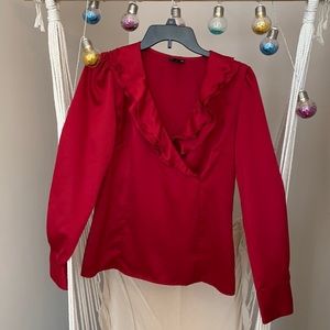 Red East 5th blouse- vneck ruffle- Medium